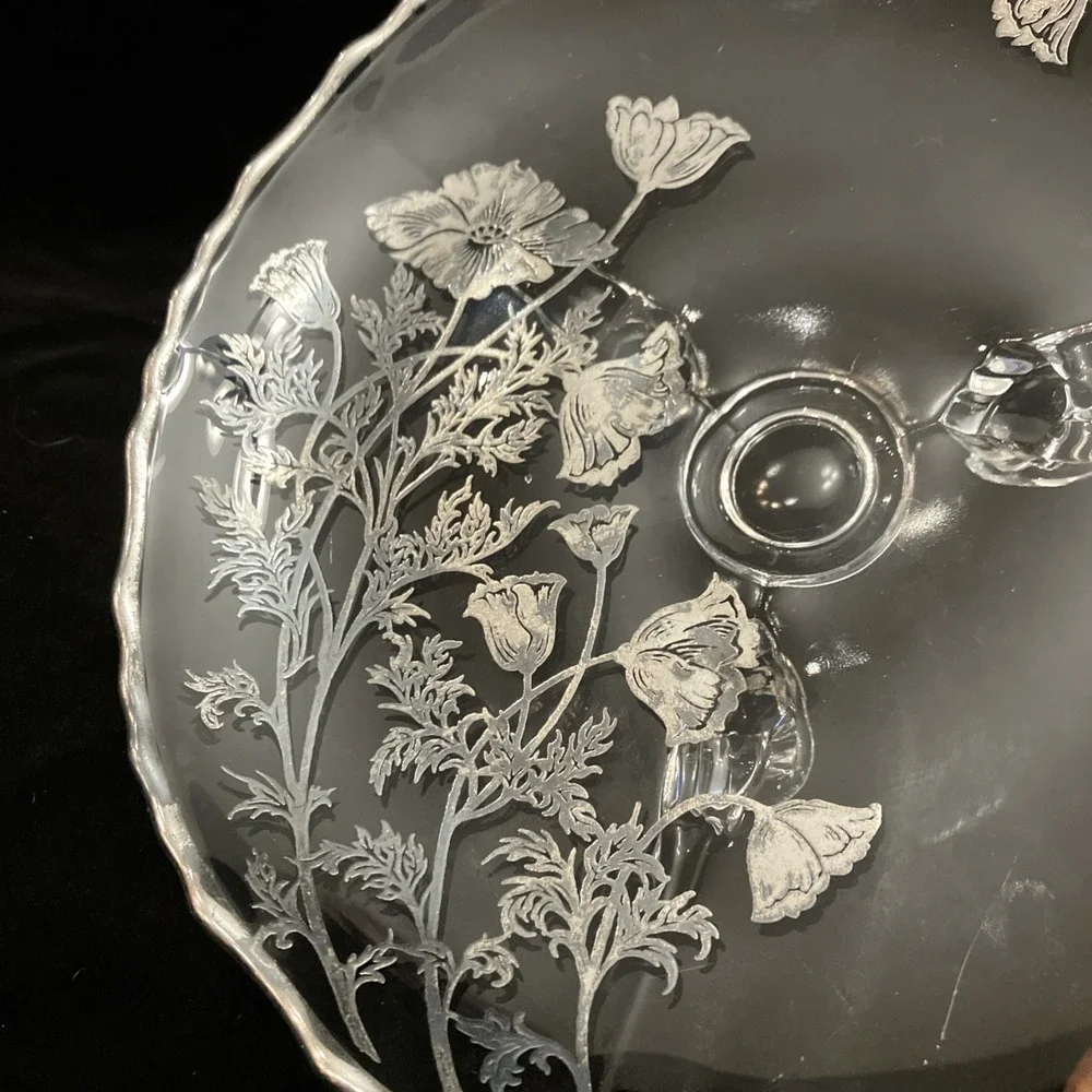 VTG Silver City Flanders Silver Overlay Glass Footed Tray Poppy Floral Design